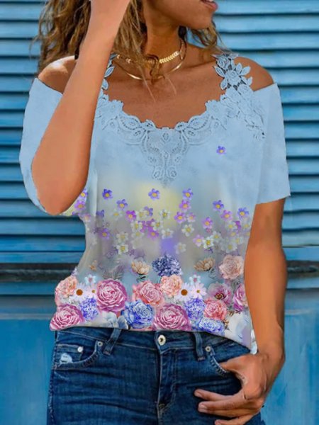 

Casual Floral Short Sleeve V Neck Plus Size Printed Tops T-shirts, Blue, T-Shirts