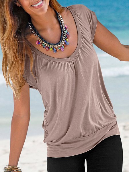 

V Neck Casual Short Sleeve T-Shirt, Khaki, Tank Tops & Camis