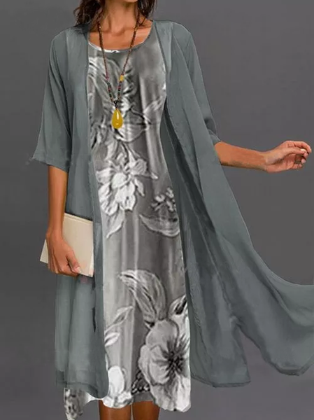 

Loosen Floral Long Sleeve Woven Dress, Gray, Maxi Dresses