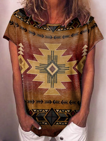 

Regular Fit Tribal Cotton Blends Short Sleeve Tops, Khaki, T-Shirts