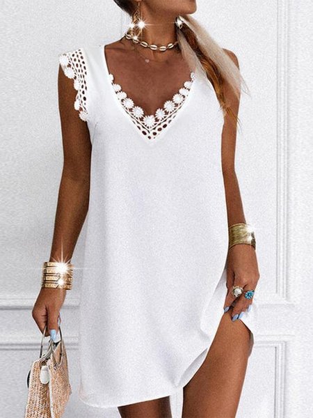 

Casual Lace Short Sleeve Woven Dress, White, Mini Dresses