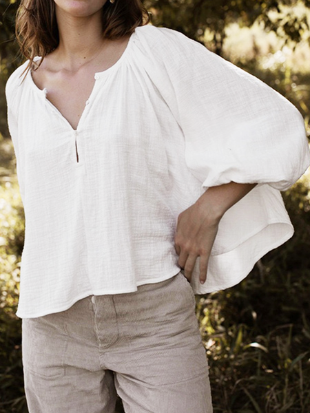 

Ruched Solid Loosen Long Sleeve Blouse Tops, Off white, Tops