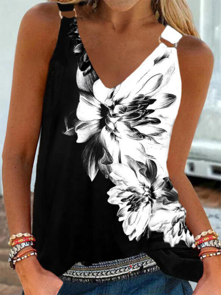

V Neck Floral Casual Knit Tank, Black, Tank Top