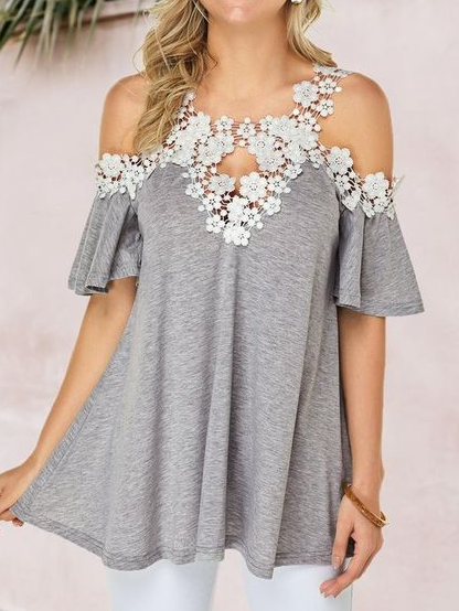 

Lace-paneled collar ruffled off-the-shoulder sleeve top V Neck Sweet Short Sleeve Tops, Light gray, Tunics