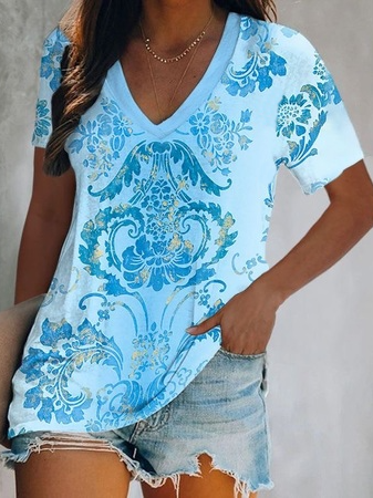 

Regular Fit Cotton Blends Tribal Short Sleeve Tops, Blue, T-Shirts