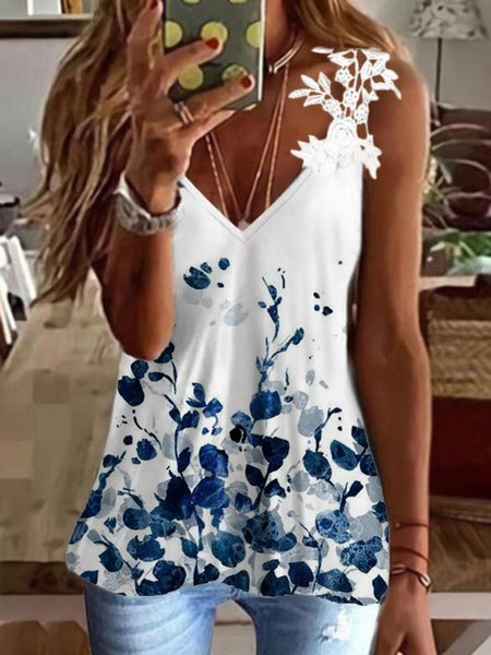 

Casual Floral Sleeveless V Neck Plus Size Printed Tank Tops Top Vests, White, Tank Top