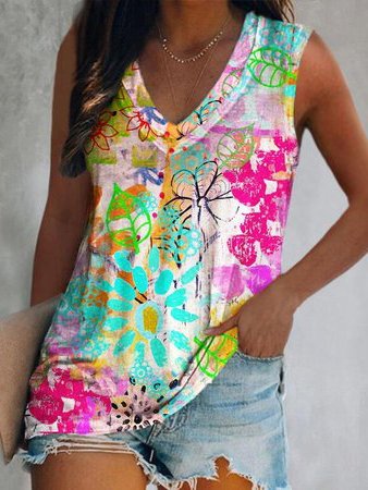 

Floral V Neck Loosen Knit Tank, Multicolor, Tanks & Camis