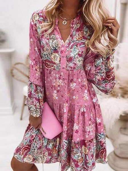 

Women's V Neck Loose Casual Long sleeve Woven Dress, Rose red, Short