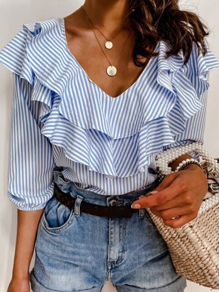 

V Neck Striped Three Quarter Flouncing Top, Blue, Tops