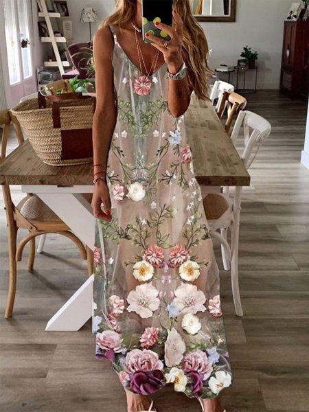 

Floral Sleeveless V Neck Plus Size Casual Mesh Dresses, Multicolor, Maxi Dresses