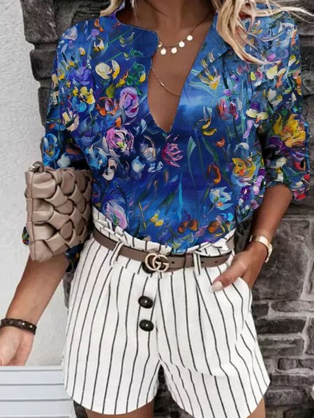 

Floral print spring new hot style value and comfortable women's short-sleeved V-neck top, Multicolor, Long sleeve tops