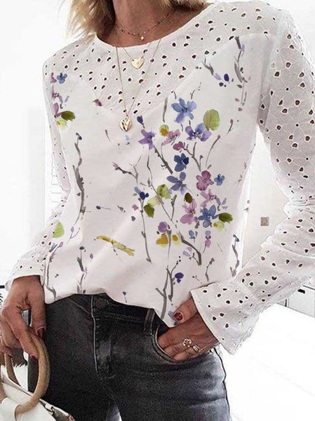 

Casual Crew Neck Floral Printed Long Sleeve Tops, White, Tops