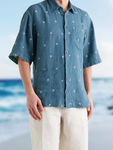 

Men's Coconut Tree Graphic Print Lapel Short Sleeve Shirt, Blue, Blouses&Shirts