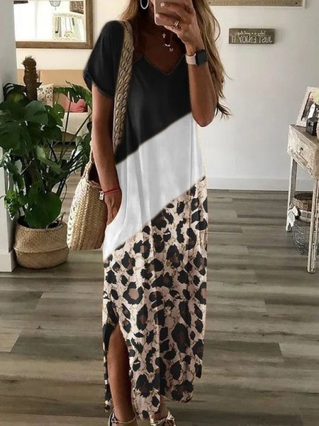 

Leopard Color Block V Neck Slit Casual Short Sleeve Loosen Dress, Black, Maxi Dresses