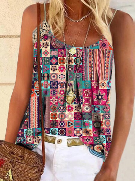 

Casual Tribal Loosen Sleeveless Woven Loose Fitting Ribbed Tank Tops, As picture, Tank Top