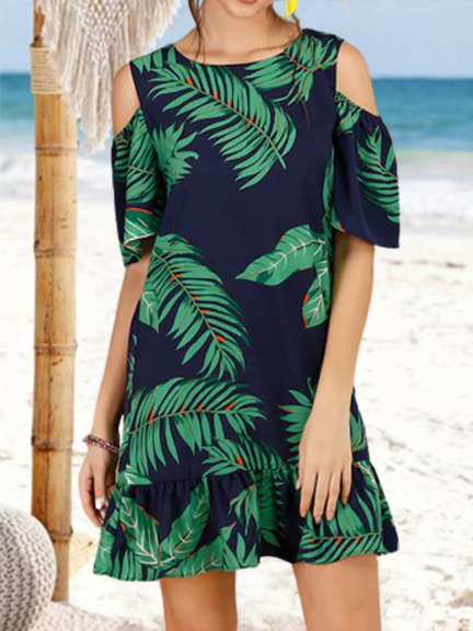 

Off-Shoulder Leaf Print Ruffle Hem Resort Dress Crew Neck Loosen Leaves Short Sleeve Woven Dress, Dark blue, Dresses