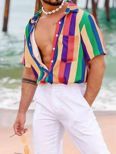 

Men's Colorful Striped Short Sleeve Shirt, Multicolor, Shirt