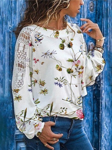 

Crew Neck Floral Casual Lace Long Sleeve Tops, White, Long sleeve tops