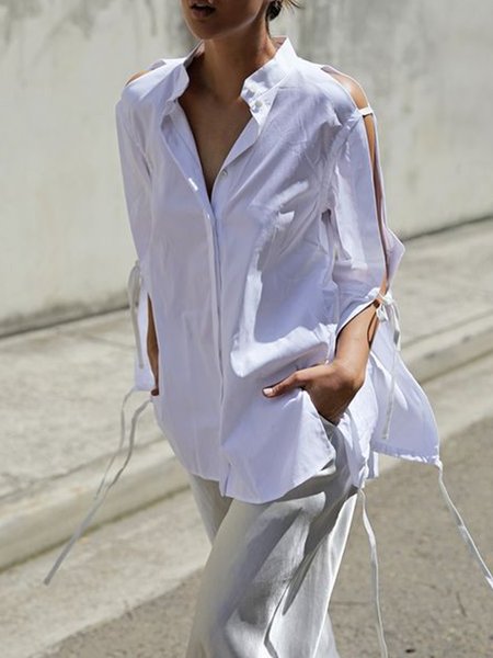 

Loosen Lace-Up Stand Collar Long Sleeve Blouse, White, Blouses and Shirts