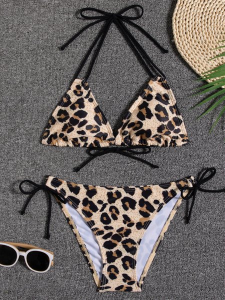 Vacation Floral Surf Beach Sexy Halter Tie Bikini, Leopard, Swimwear