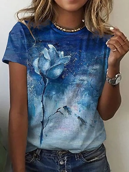 

Floral Casual Cotton Blends Short Sleeve T-Shirt, Blue, T-Shirts