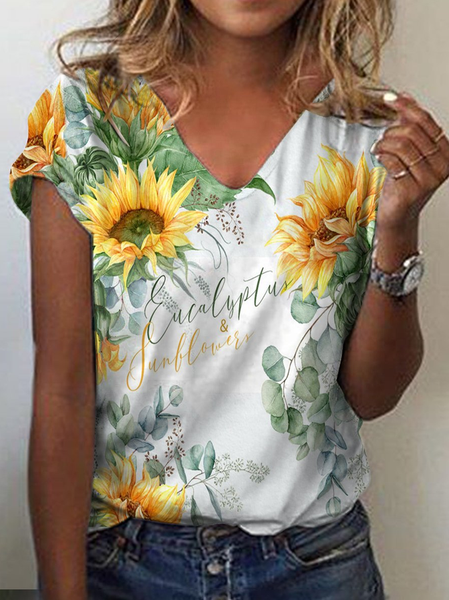 Sunflower Casual Crew Neck Short Sleeve T-Shirt, As picture, T-Shirts