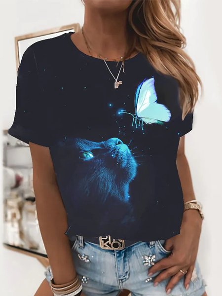 

Cat Short Sleeves Crew Neck Plus Size Casual T-Shirt, Black, T-Shirts