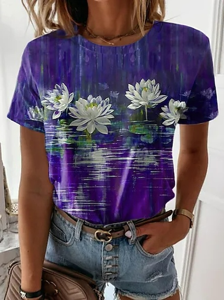 

Floral Cotton Blends Short Sleeve T-Shirt, Purple, T-Shirts