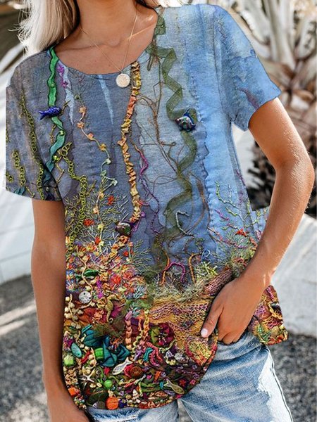 

Blue Ombre Casual Crew Neck Short Sleeve T-Shirt, T-Shirts