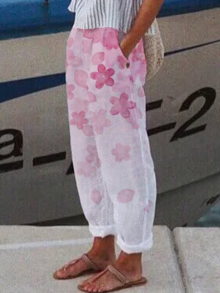 

Linen Floral Casual Long Pants, White, Pants