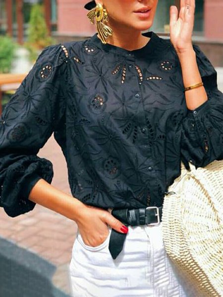 

Elegant Regular Fit Shirt Collar Long Sleeve Blouse, Black, Blouses and Shirts