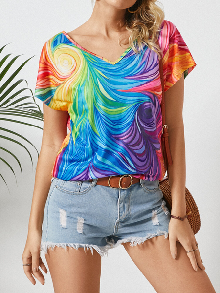 

Painted V Neck Loosen Short Sleeve Tops Casual, Blue, T-Shirts