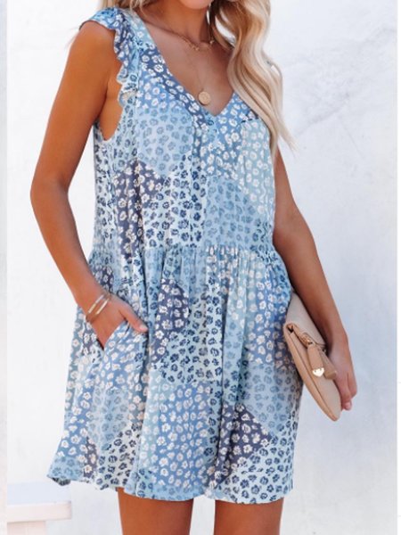 

Loosen V Neck Floral Short Sleeve Woven Dress, Blue, Midi Dresses