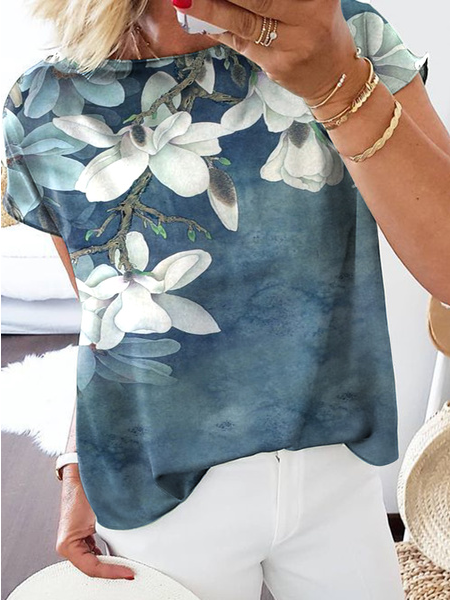 

Floral Loosen Round Neck Short Sleeve T-Shirt, Dark blue, T-Shirts