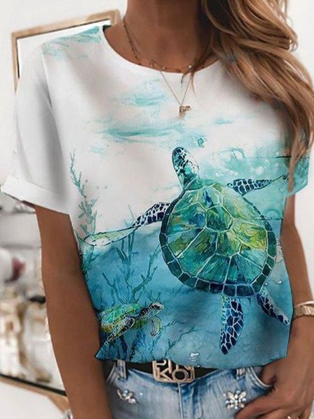 

Sea Animal Printed Vacation Loosen Crew Neck Short Sleeve T-Shirt, Flower, T-Shirts