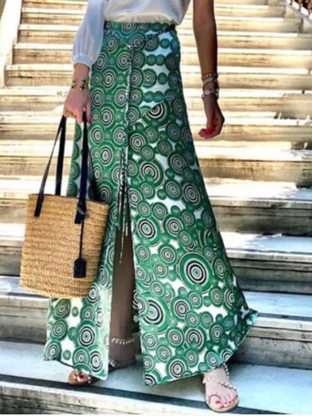 

Vacation Polka Dots Printed Long Skirt, Green, Maxi Skirts