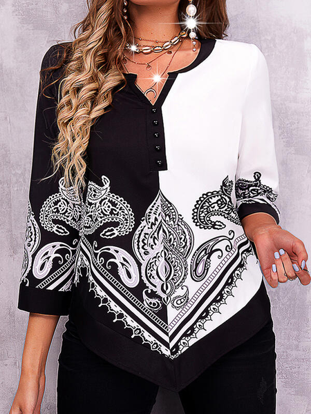 

Floral Loosen Henley Long Sleeve T-Shirt, Black-white, Tops