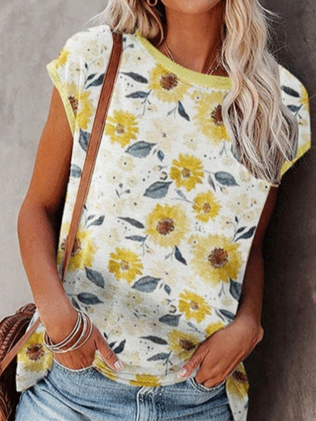 

Crew Neck Floral Casual Short Sleeve Tops, Yellow, T-Shirts