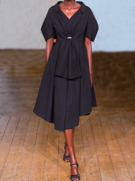 

Summer V neck Elegant Short Sleeve Woven Fit and FlareX Dress, Black, Midi Dresses