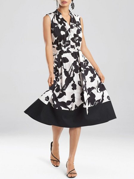 

Elegant Floral Sleeveless Woven Midi Dress, Black-white, Midi Dresses