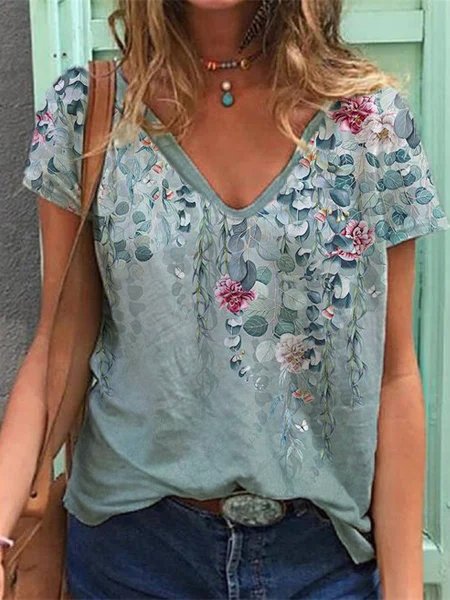 

V Neck Floral Short Sleeve T-Shirt, Blue, T-Shirts