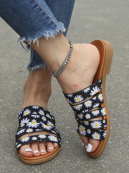 

Black Daisy Print Multi-Stripe Resort Slippers, As picture, Sandals