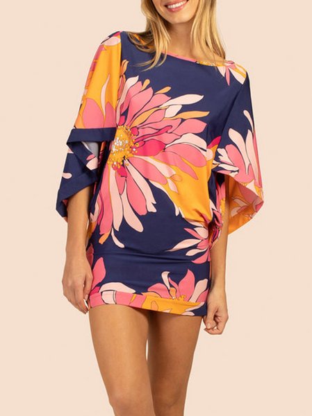 

Floral Boat Neck Short Sleeve Knit Dress, Blue, Mini Dresses