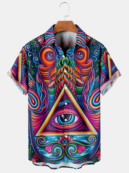 

Mens Hippie Art Print Casual Breathable Chest Pocket Short Sleeve Hawaiian Shirts, Blue, Men's Floral shirt