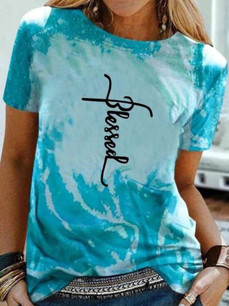 

Casual Short Sleeve Round Neck Plus Size Printed Tops T-shirts, Blue, T-Shirts