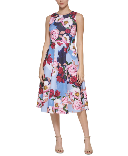 

Elegant Floral Woven Dress, Blue, Midi Dresses
