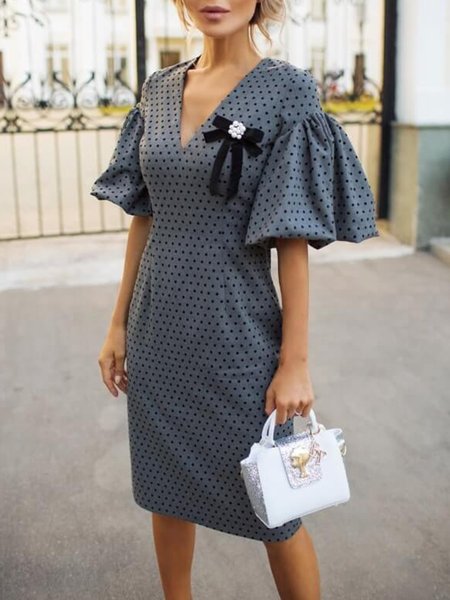 

Elegant Regular Fit V Neck Short Sleeve Woven Dress, Gray, Mini Dresses