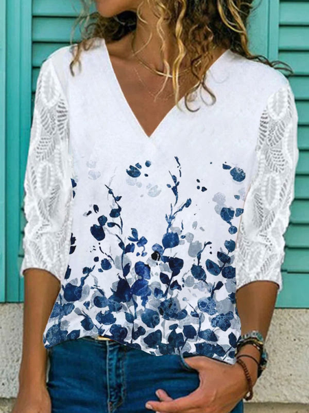 

Floral V neck Long Sleeve Casual T-Shirt, White, T-Shirts