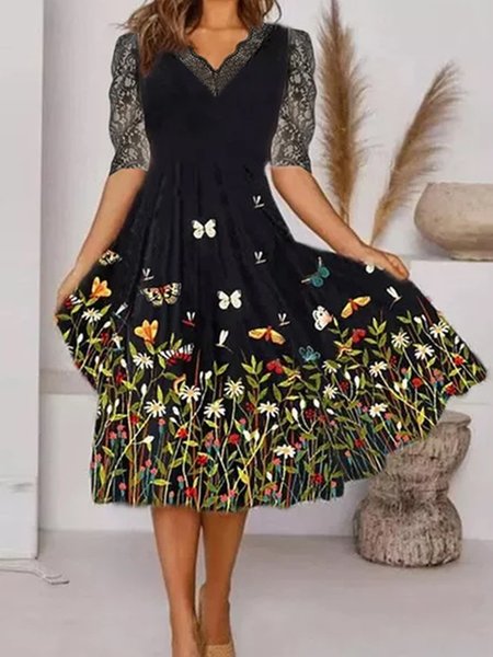 

Lace Patchwork Floral Print Design New Designer Comfortable A Swing Dress, Black, Floral Dresses
