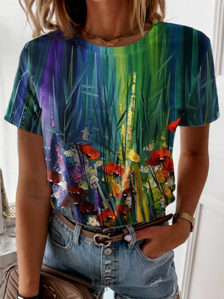 

Floral Casual Crew Neck Short Sleeve Tops, Multicolor, T-Shirts